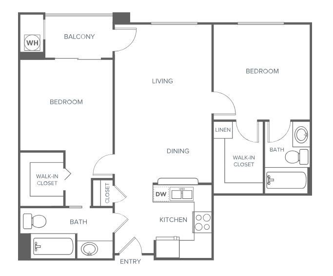 A floor plan of a 2-bedroom apartment with kitchen, living and dining areas, bathrooms, and a balcony.