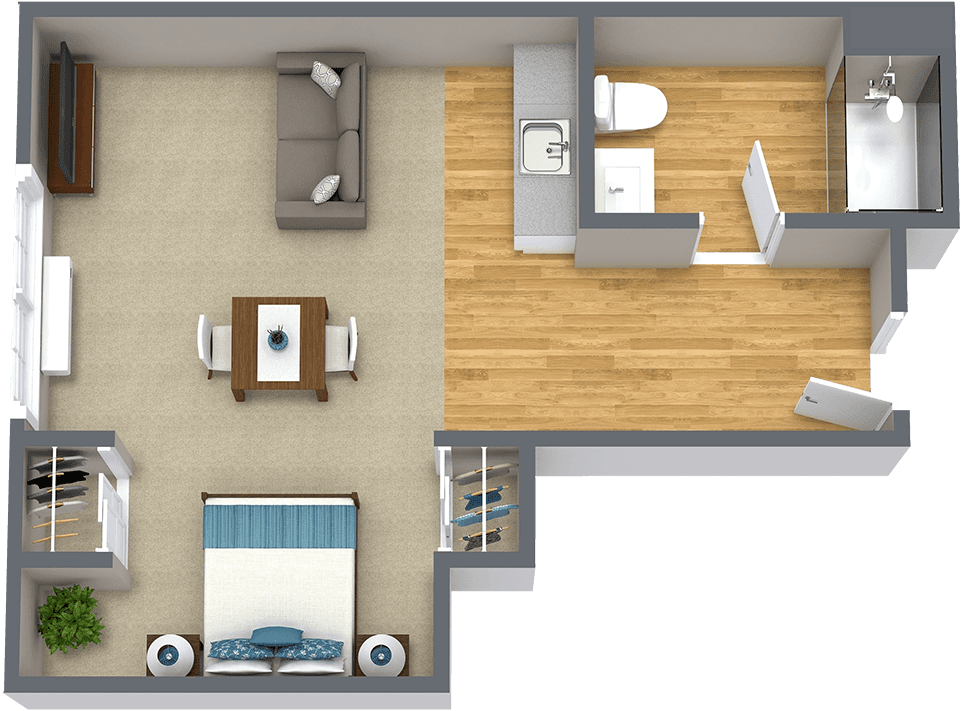 A one-bedroom apartment floor plan with an open living area and kitchen, alongside a bathroom.
