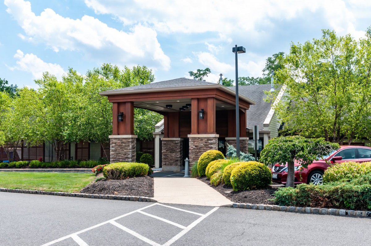 A landscaped entrance to a building with trees and shrubs.