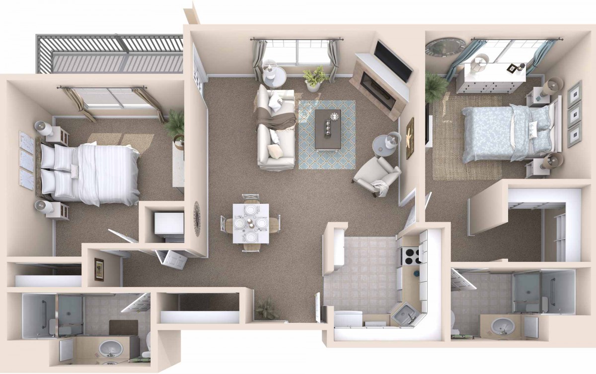 A spacious 2-bedroom apartment floor plan with a living room, dining area, kitchen, and balcony.