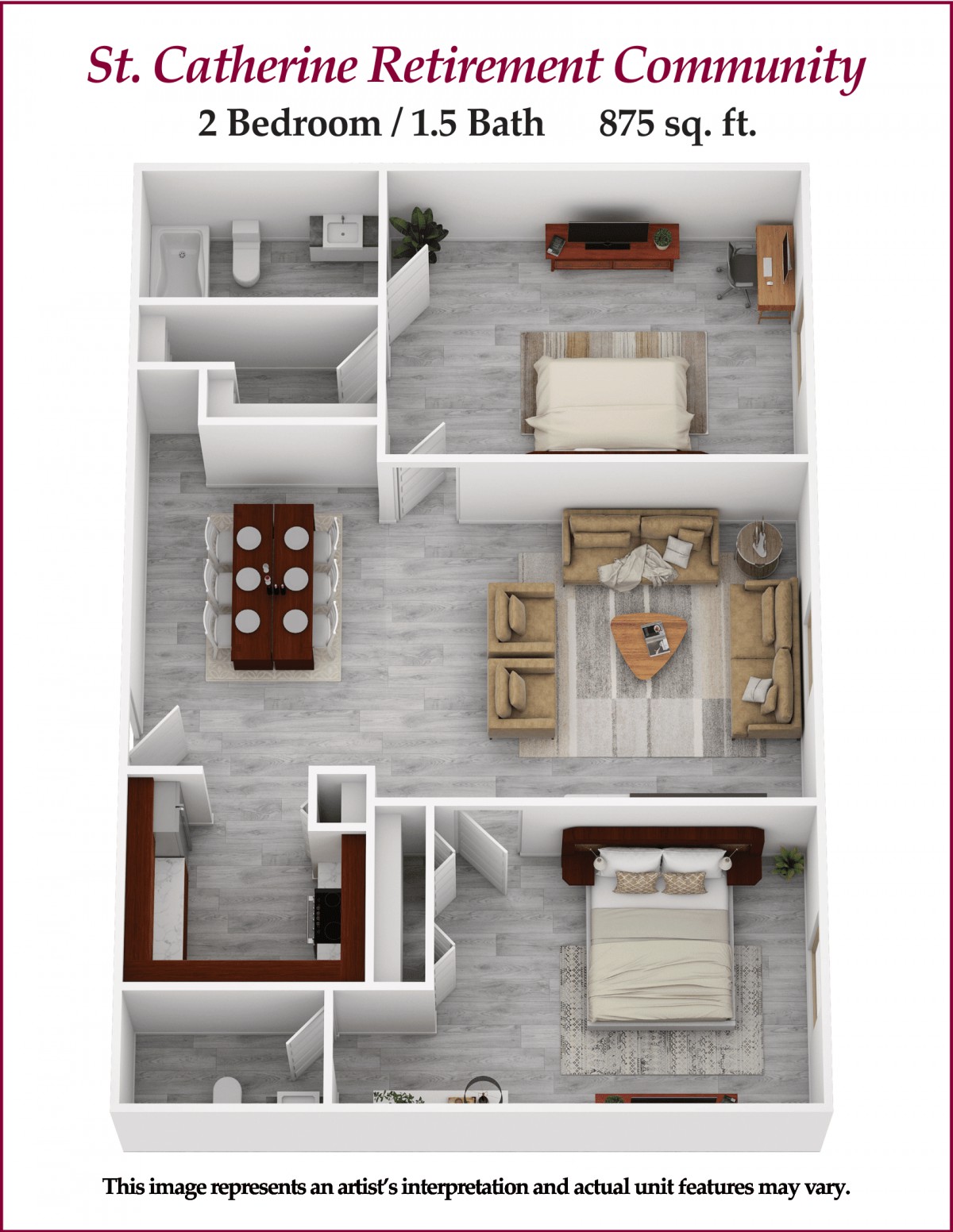A modern two-bedroom apartment floor plan with a spacious living area.