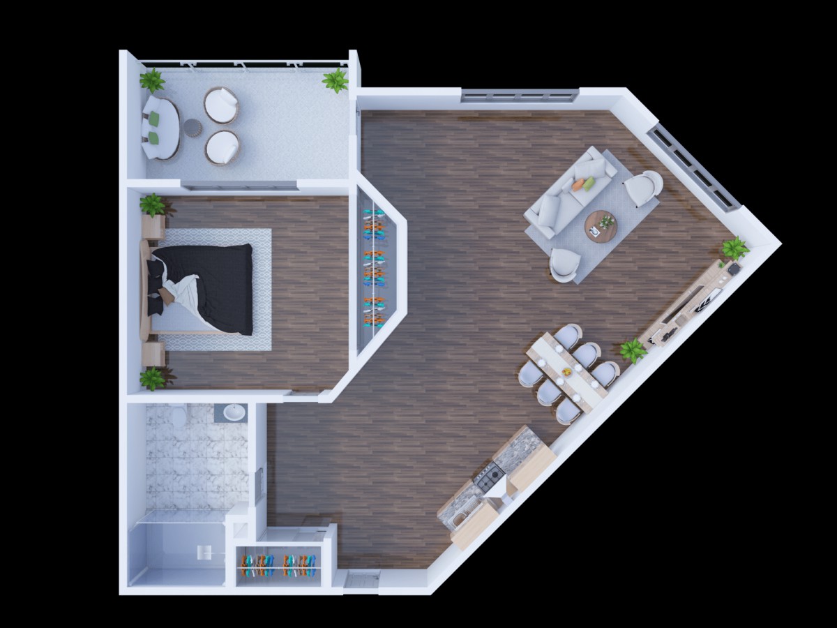 A modern open-concept floor plan featuring a spacious living area, kitchen with an island, dining space, bedroom, and a balcony.