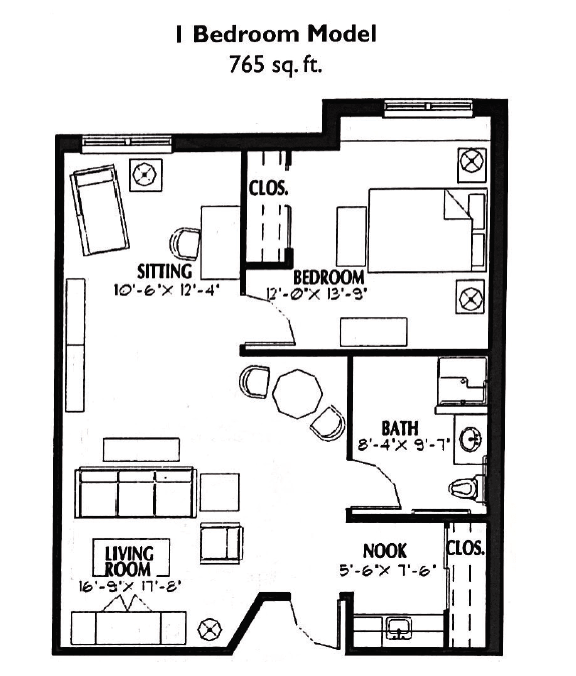 A 765 sq. ft. apartment floor plan featuring a living room, bedroom, bathroom, kitchen, dining area, and closet.
