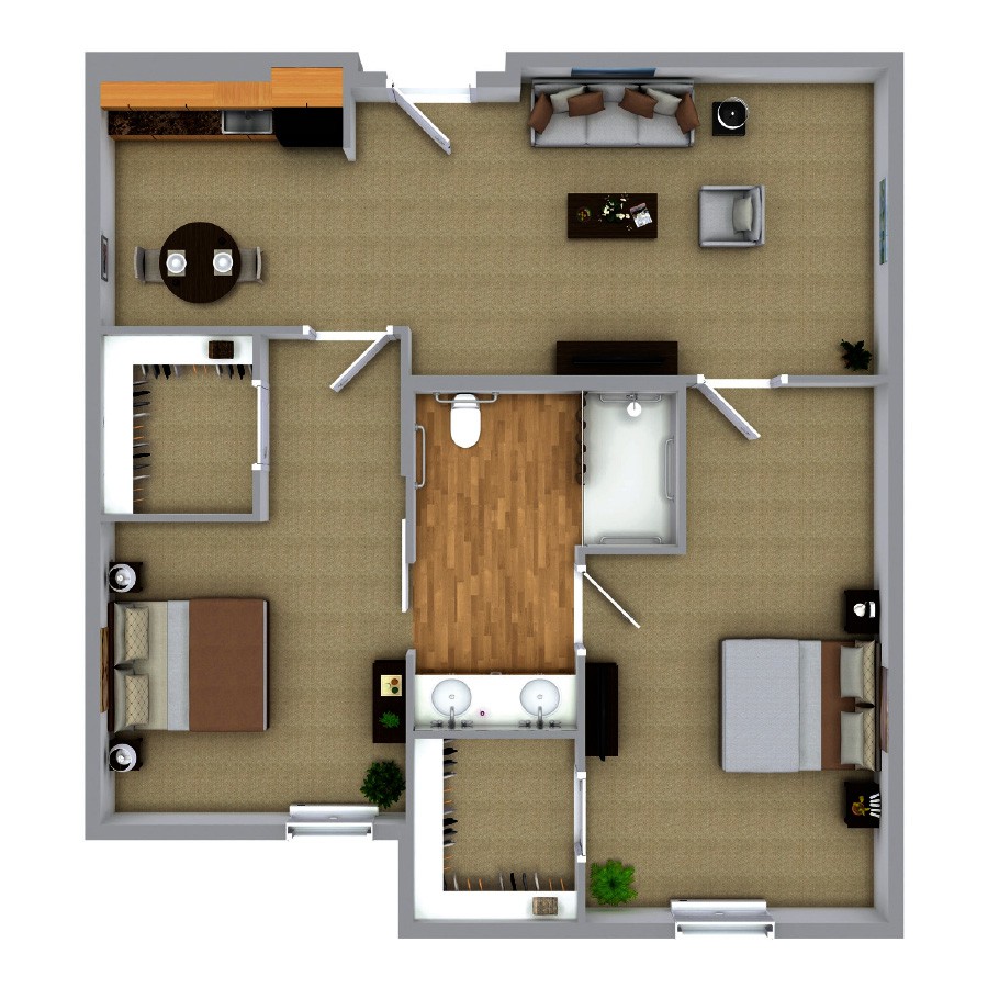 A 3D floor plan of a two-bedroom apartment showcasing the layout of rooms including a living area, kitchen, and bathroom.