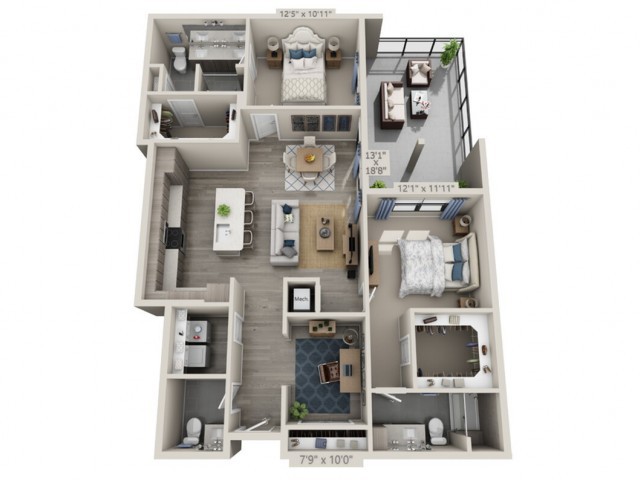 A 3D floor plan of an apartment showcasing various rooms and interior layouts.