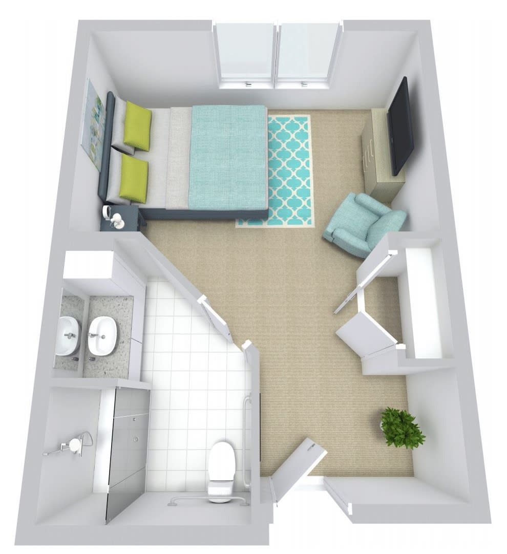 A 3D floor plan of a compact apartment with a bedroom, bathroom, and sitting area.