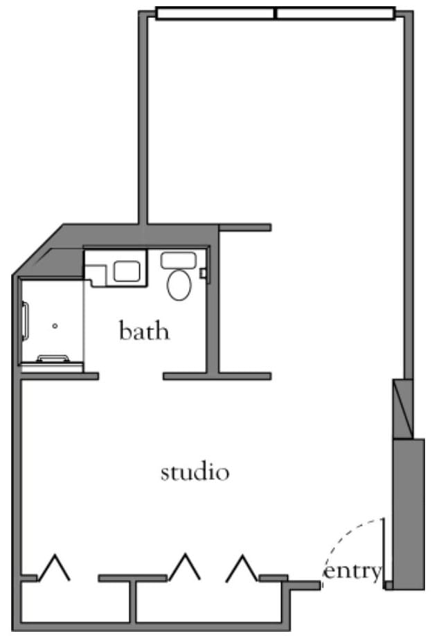 Floor plan of a studio apartment with a bathroom.