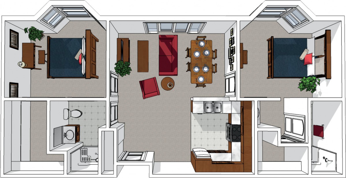 A 3D floor plan illustrating an apartment layout with a living room, dining area, and kitchen.