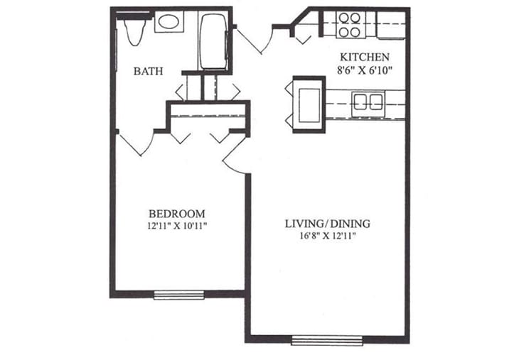 A floor plan of a one-bedroom apartment featuring a kitchen, living/dining area, bathroom, and bedroom.
