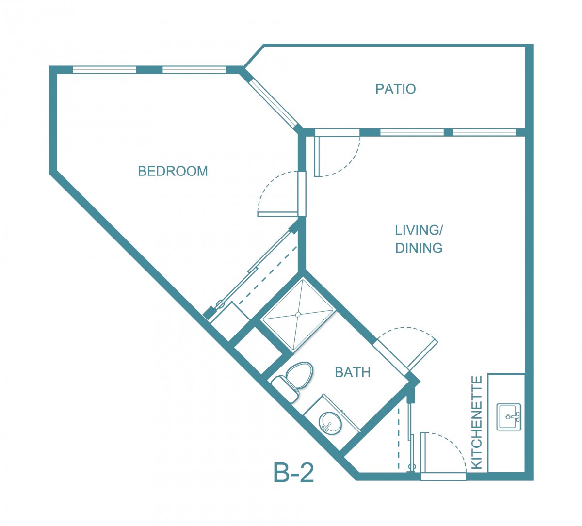 Floor plan of a one-bedroom apartment with a bathroom, kitchen, living and dining area, and balcony.