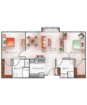 A floor plan of a two-bedroom apartment featuring a central living room, kitchen, and two bathrooms.