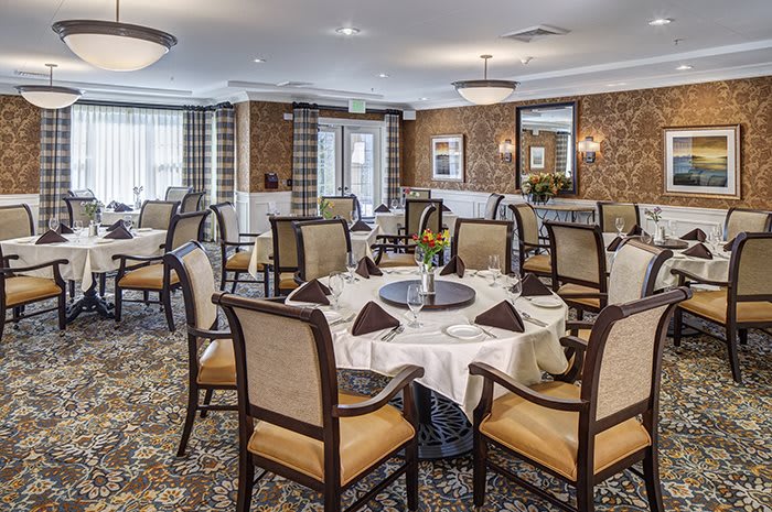 Elegantly set dining room with upholstered chairs and decorated walls.