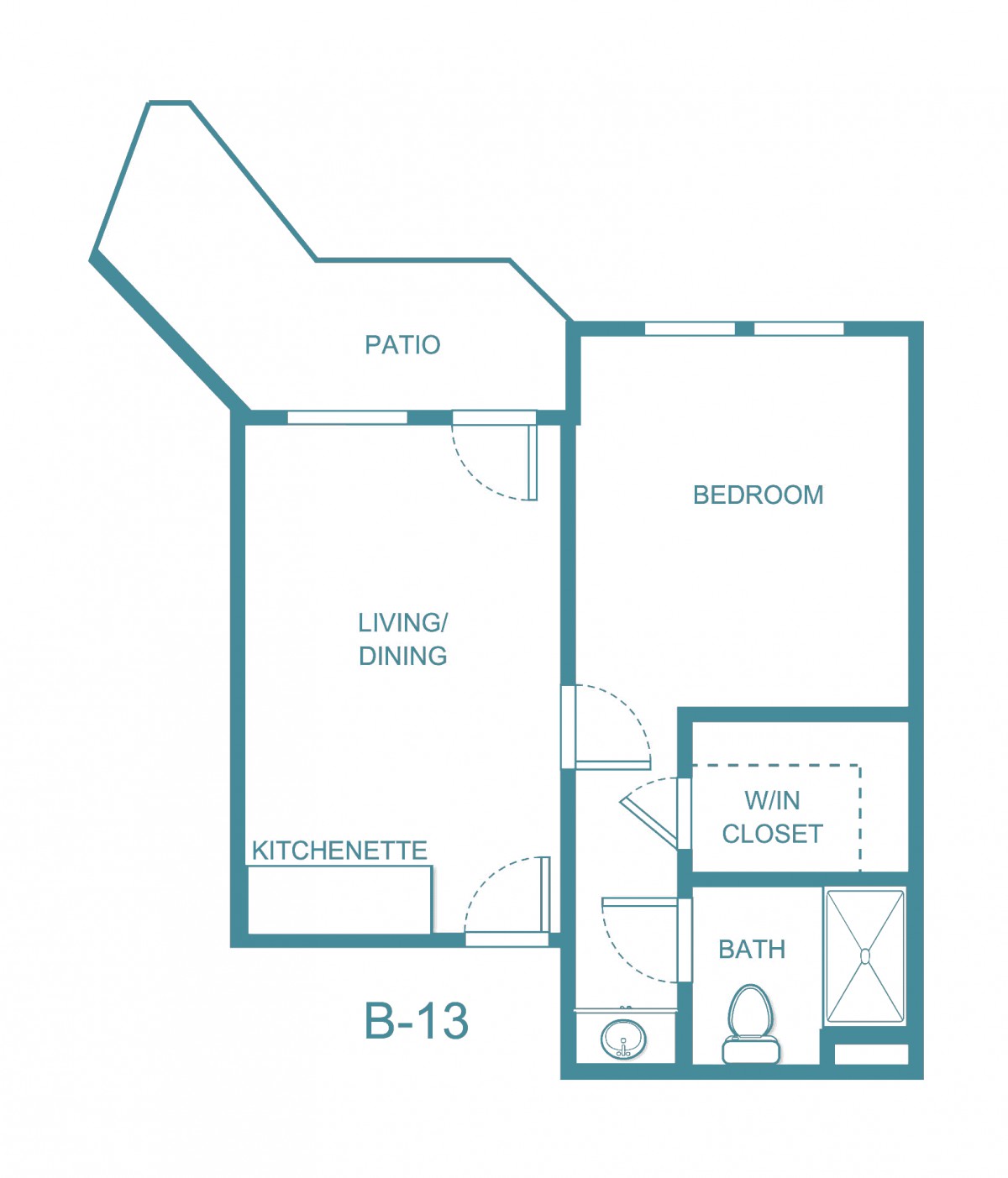 A floor plan of a one-bedroom apartment featuring a living/dining area, bedroom, bath, and patio.