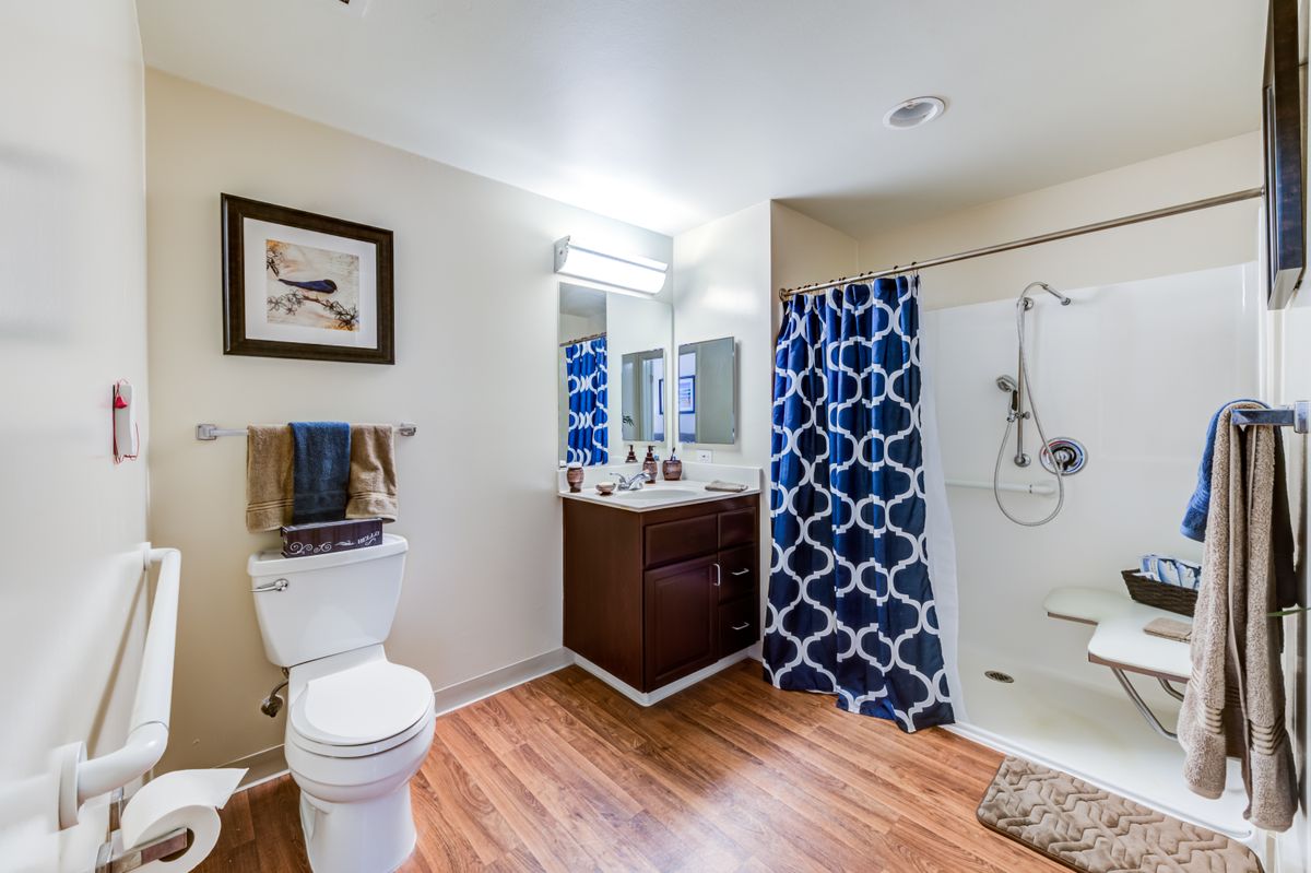 A modern bathroom with a shower, toilet, and sink featuring a blue patterned shower curtain and wood flooring.