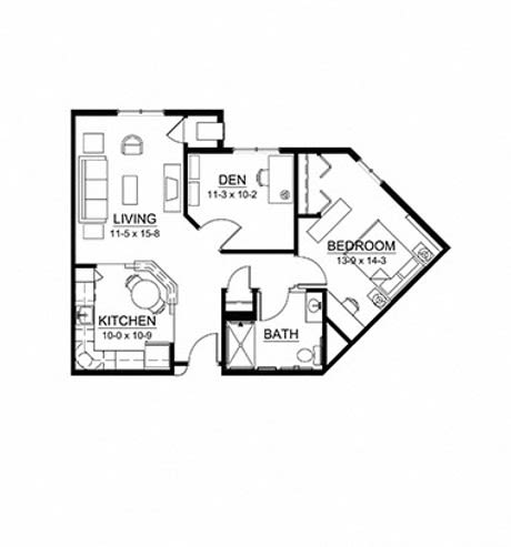 A detailed floor plan of an apartment showing living room, kitchen, den, bedroom, and bathroom.