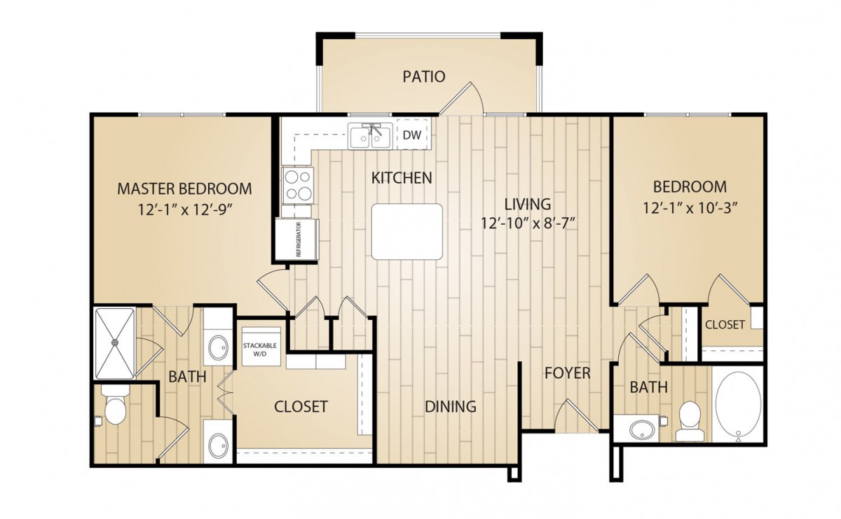 A two-bedroom apartment floor plan with a central living area, kitchen, and patio.