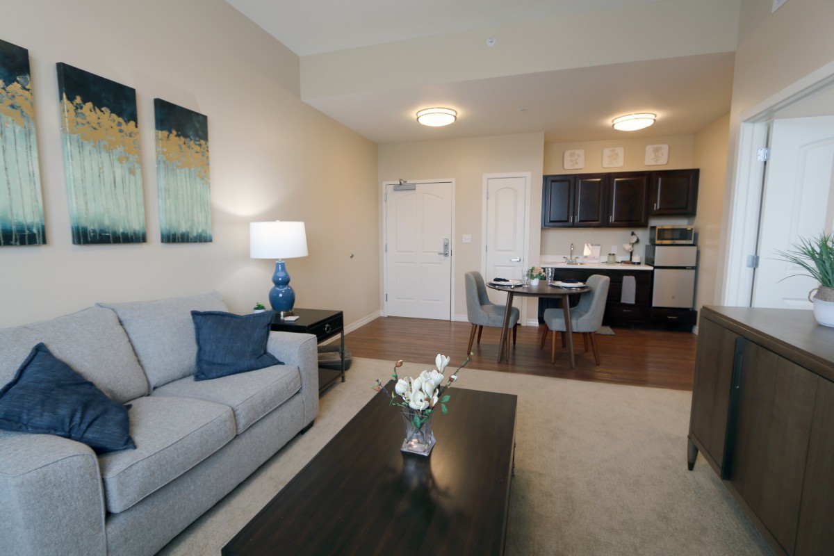 A modern apartment featuring a cozy living room with a sofa, adjacent to a dining area and kitchen.