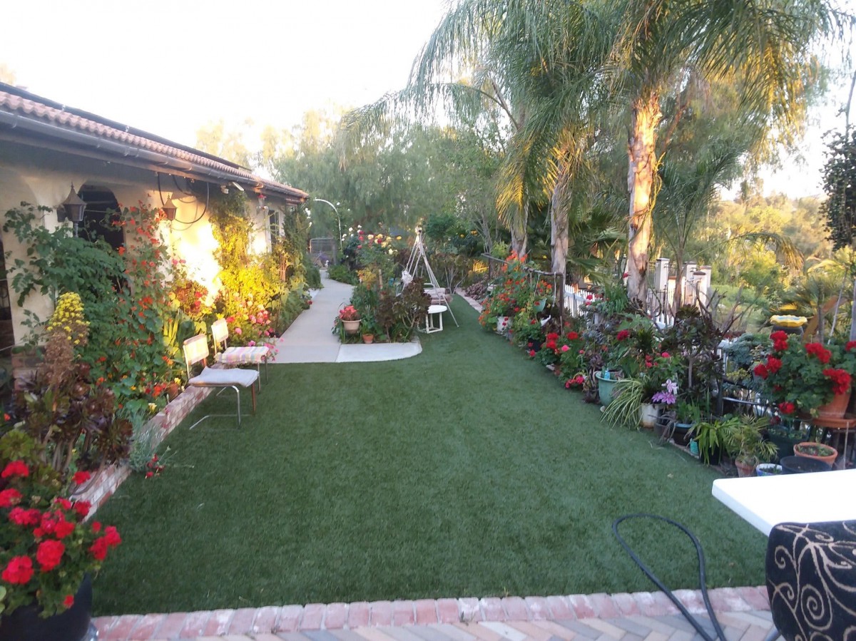 A beautifully landscaped garden with a lush lawn, numerous plants, and a winding pathway.