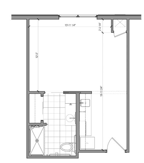 Architectural floor plan depicting a room layout with bathroom.