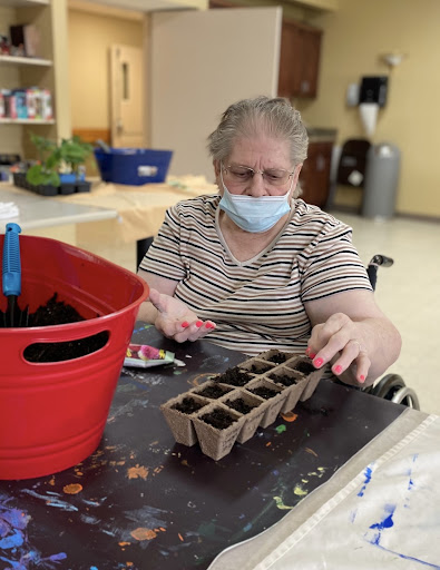 A senior woman in a wheelchair uses potting soil to prepare seedling trays for gardening.