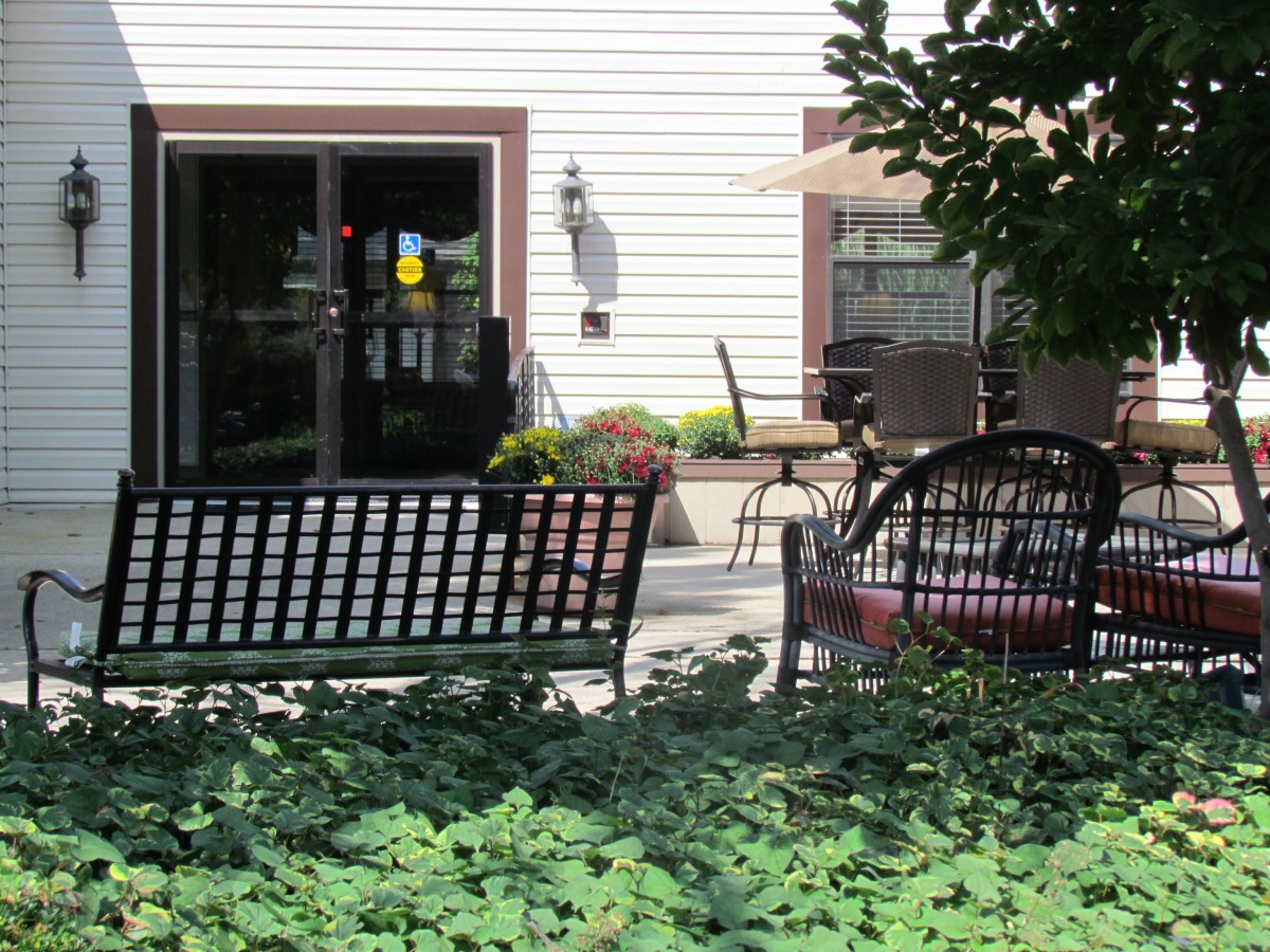 A cozy outdoor patio with benches, chairs, and lush greenery.