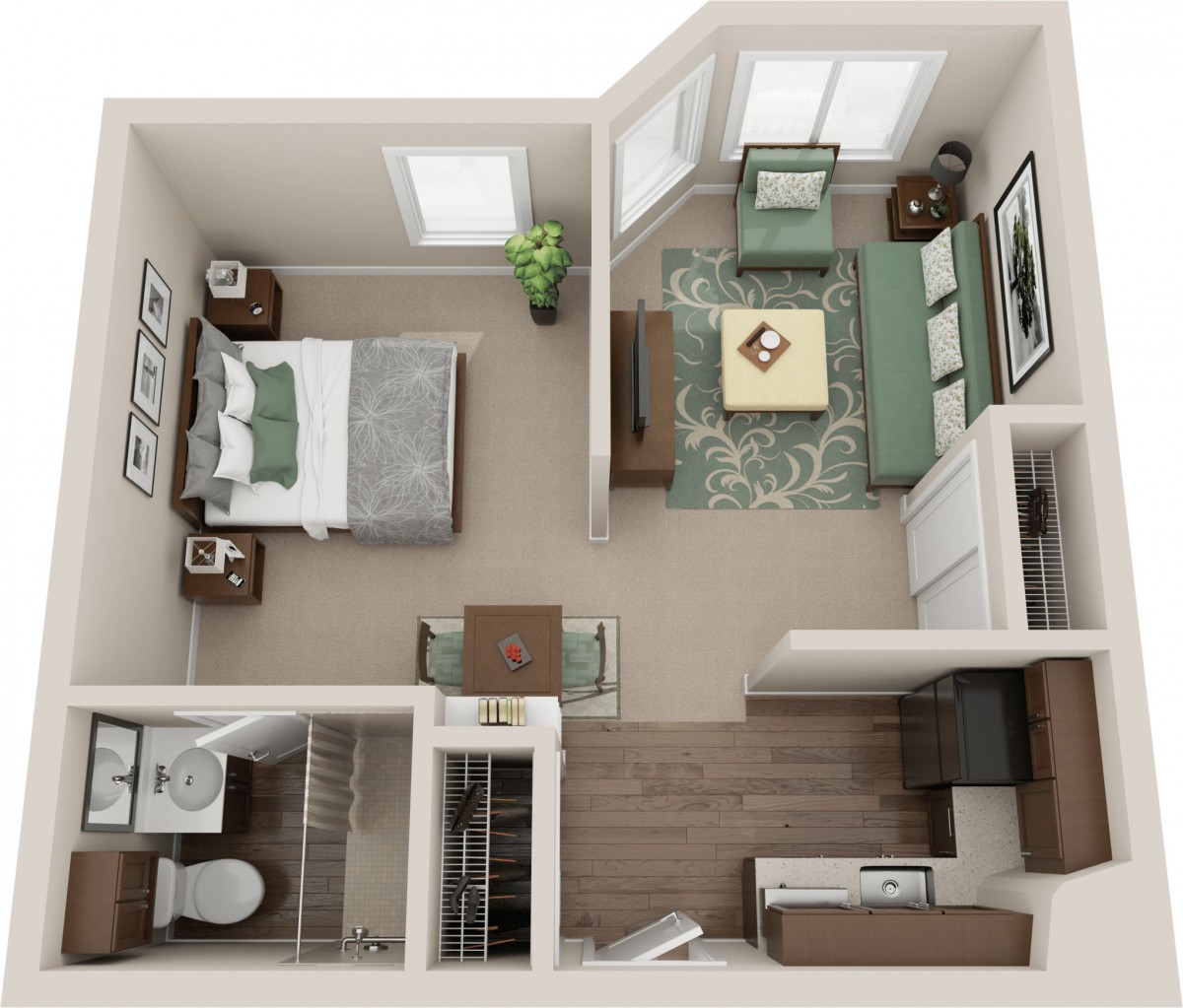 A compact apartment floor plan featuring a bedroom, living room, bathroom, and kitchenette.