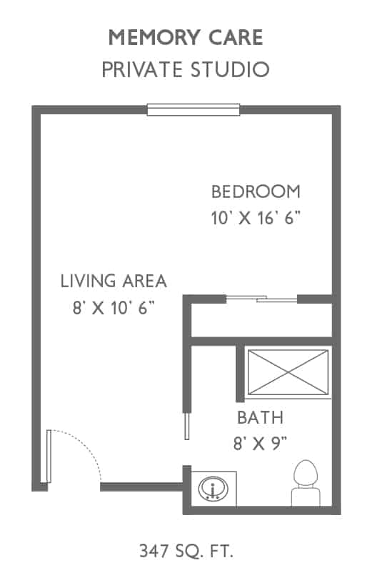 A floor plan showing a bedroom, living area, and bathroom.