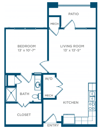 A floor plan of a one-bedroom apartment featuring a living room, kitchen, bathroom, and closet.