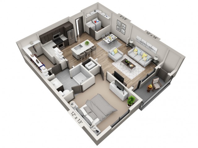 A 3D rendered floor plan of a modern apartment with an open-concept living area, kitchen, and multiple bedrooms.