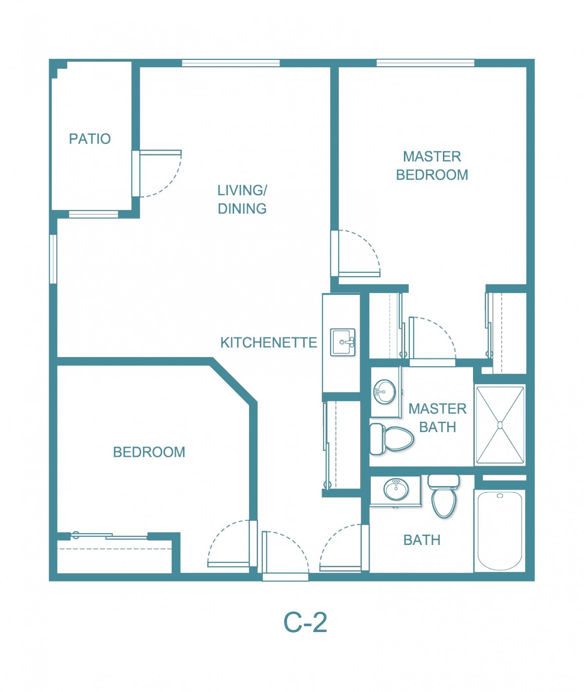 A blueprint of a C-2 two-bedroom apartment layout with labeled rooms including master bedroom, guest bedroom, kitchen, living/dining area, and bathrooms.