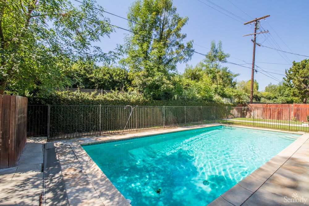 A backyard swimming pool with clear water, surrounded by trees and a wooden fence on a sunny day.