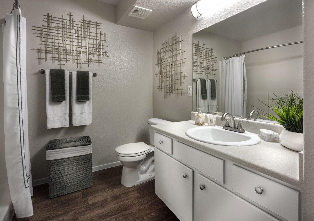 A modern bathroom with a sink, mirror, and decorative elements.