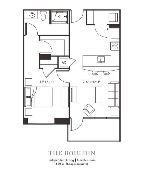 A detailed floor plan of 'The Bouldin' one-bedroom apartment featuring a living room, kitchen, and bathroom.