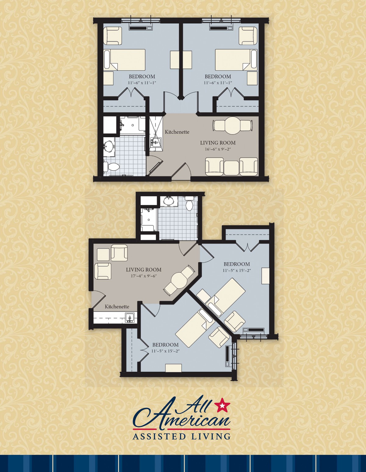 A two-level apartment floor plan showing various rooms and layouts.