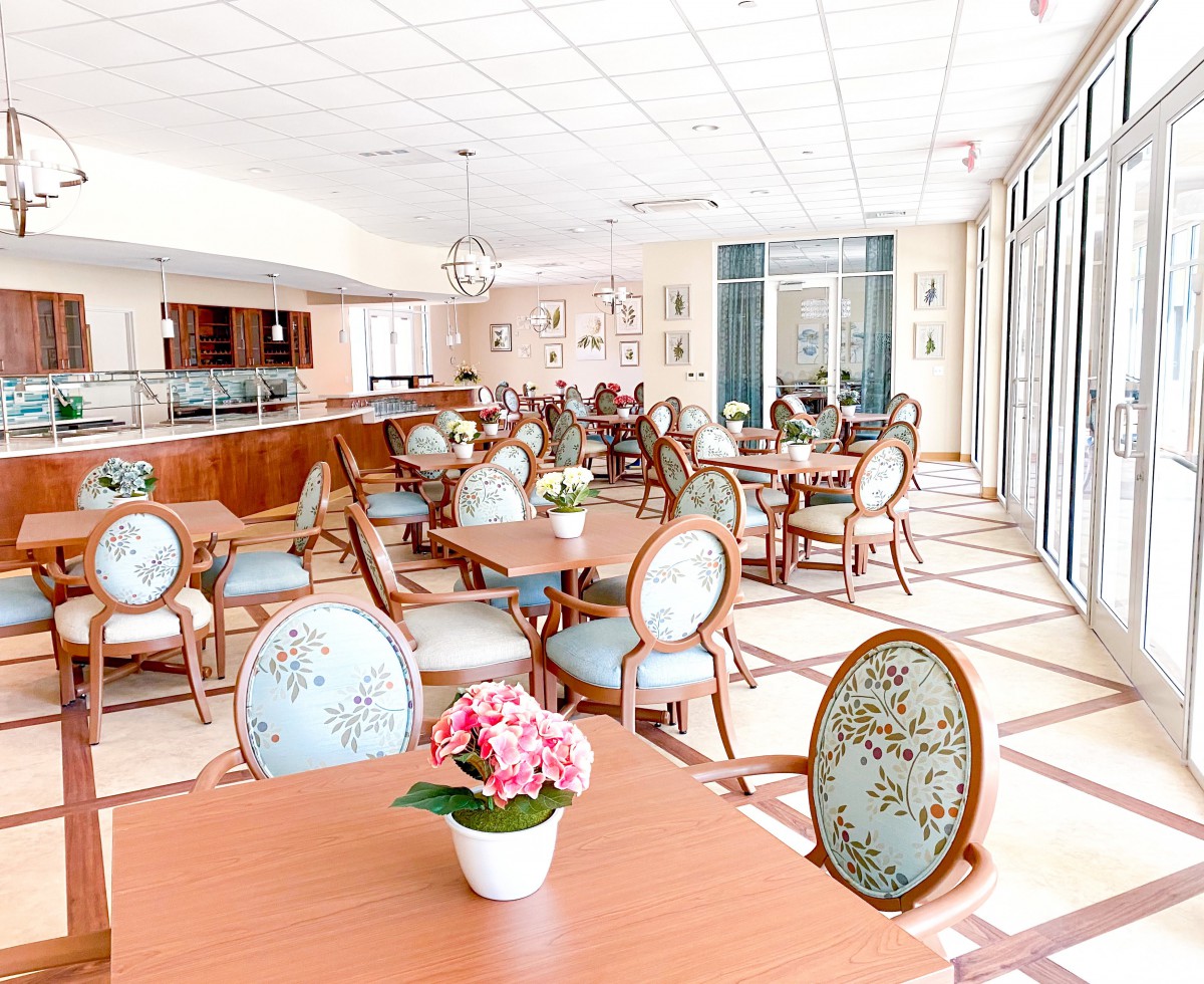A bright and airy cafe with beautifully decorated chairs and tables, enhanced by natural lighting.
