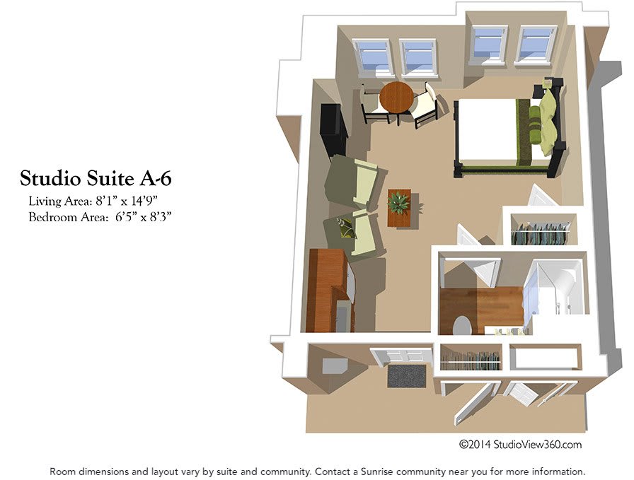 3D floor plan of a one-bedroom suite showing furniture layout and room dimensions.