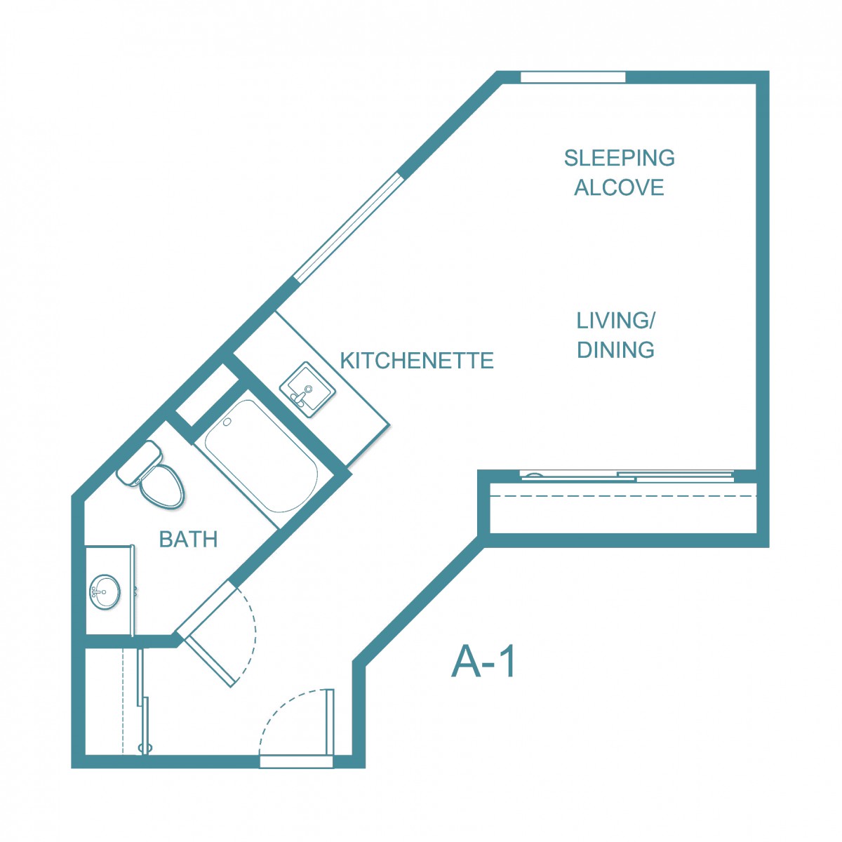 Floor plan of a studio apartment with a sleeping alcove and living area.