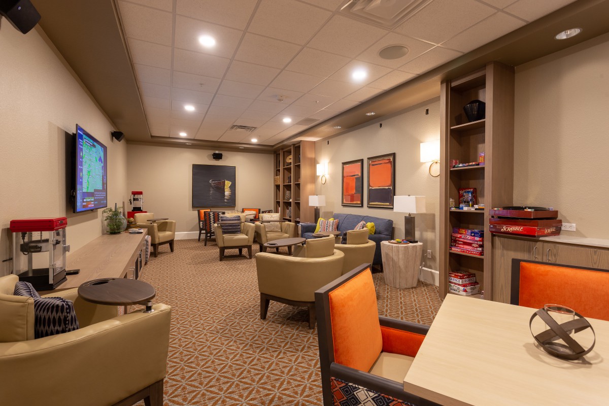 A modern waiting room with comfortable seating and stylish decor.