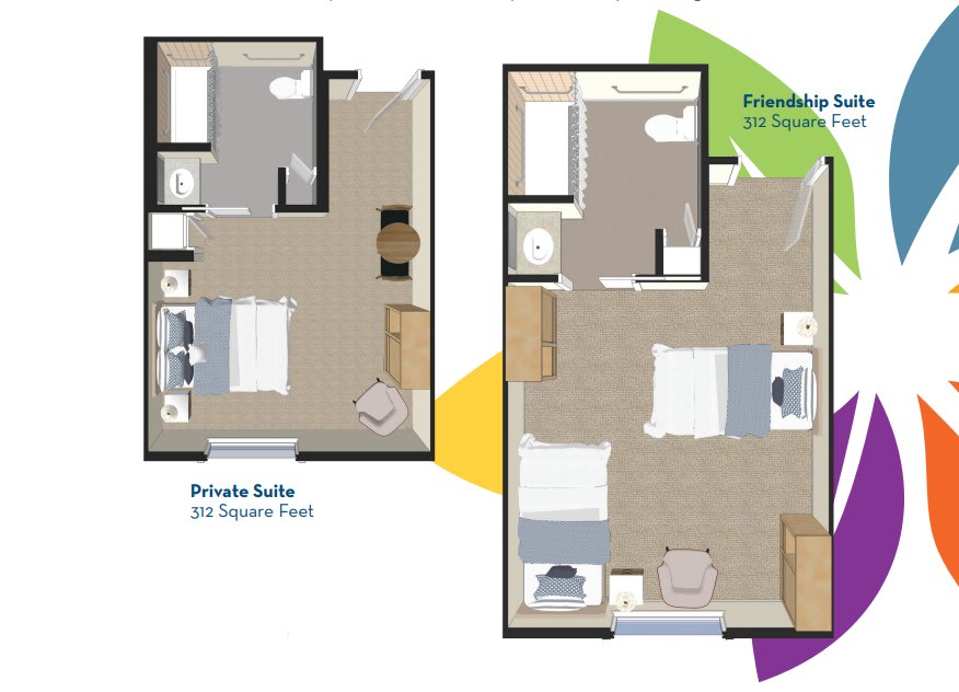 Layout of individual and shared suite accommodations.