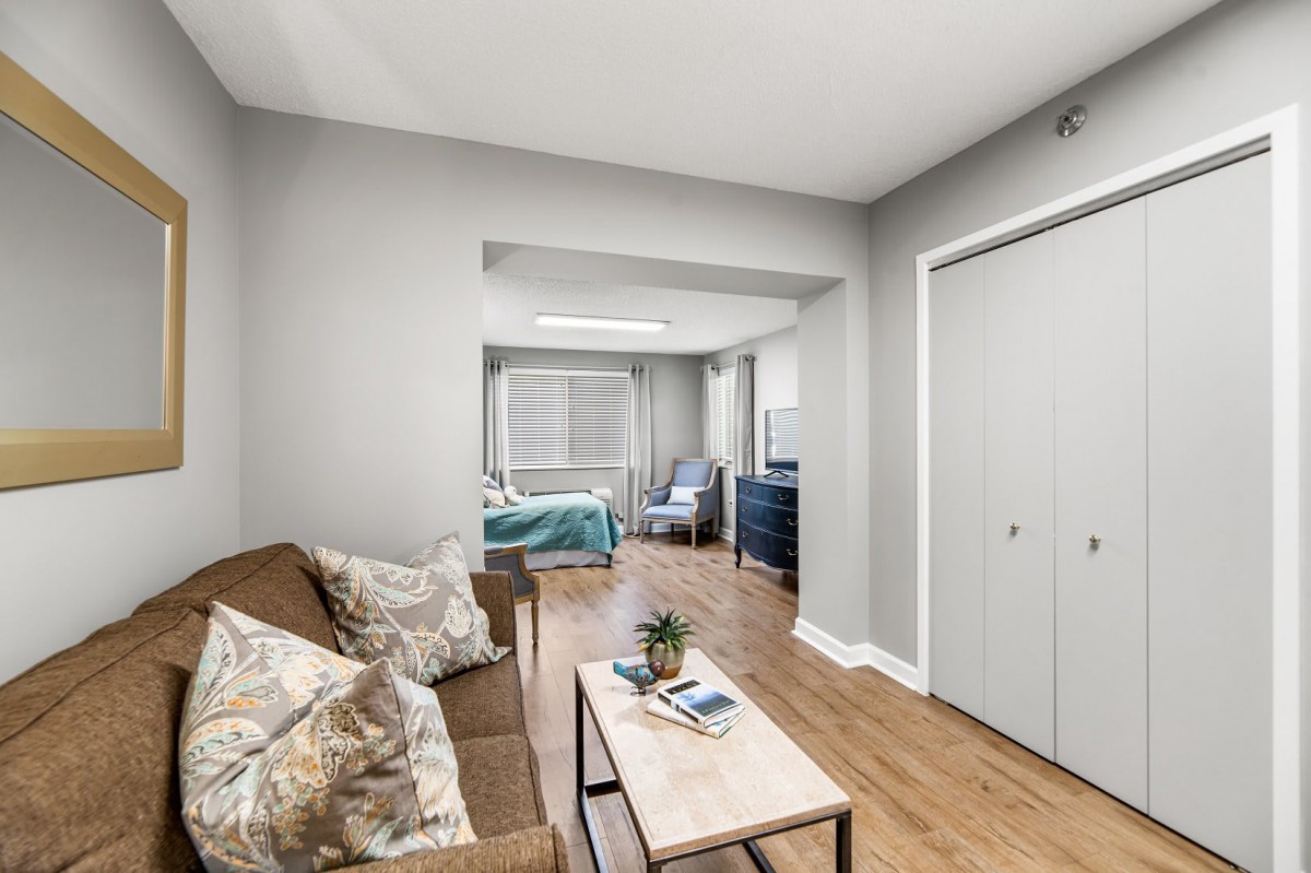 A cozy living space seamlessly transitions into a bedroom, featuring a sofa with decorative pillows, wood flooring, and a coffee table adorned with an indoor plant.