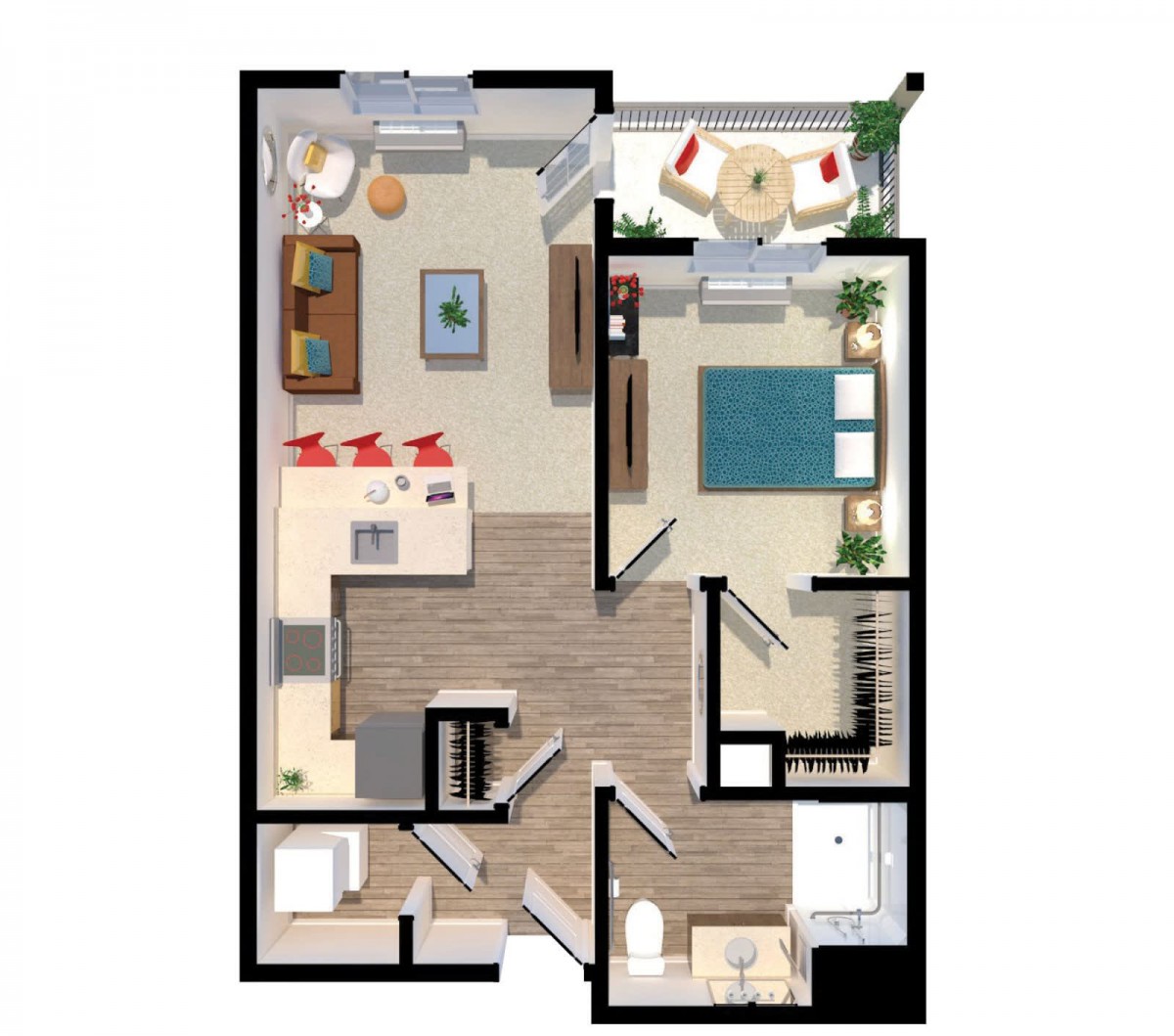 One-bedroom apartment floor plan with a living room, kitchen, bathroom, and balcony.