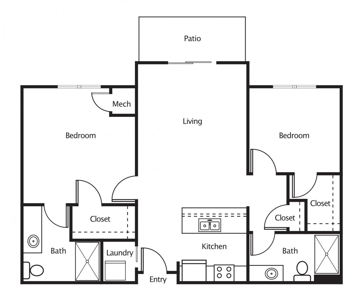 Floor plan of a two-bedroom apartment with living room, kitchen, bathrooms, and patio.