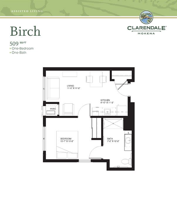 Floor plan of the Birch model, featuring a one-bedroom apartment layout.
