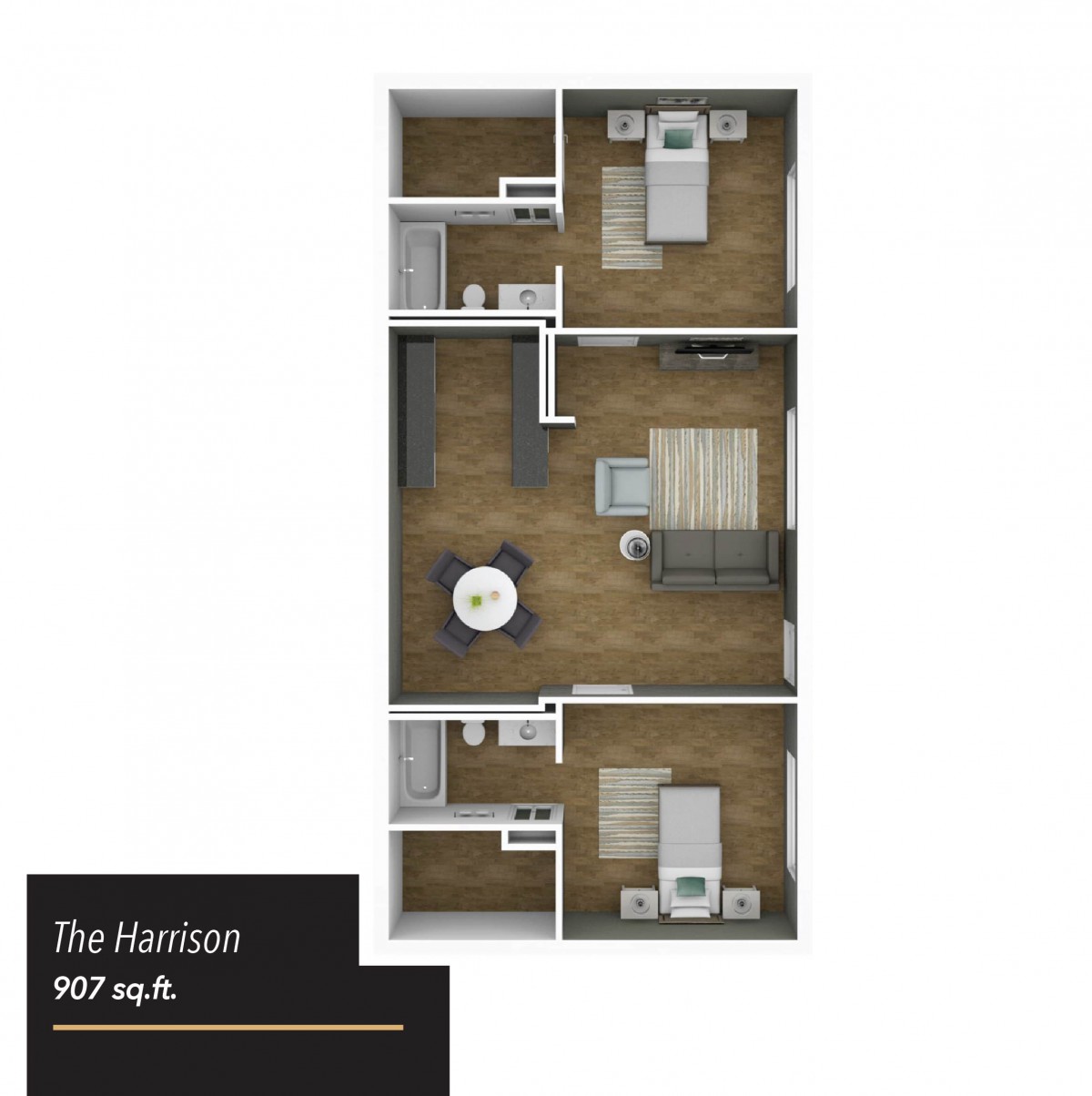 3D floor plan of a two-bedroom apartment.