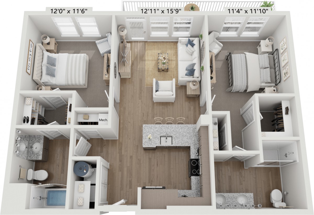 3D rendering of a modern apartment floor plan featuring multiple rooms and an open living area.