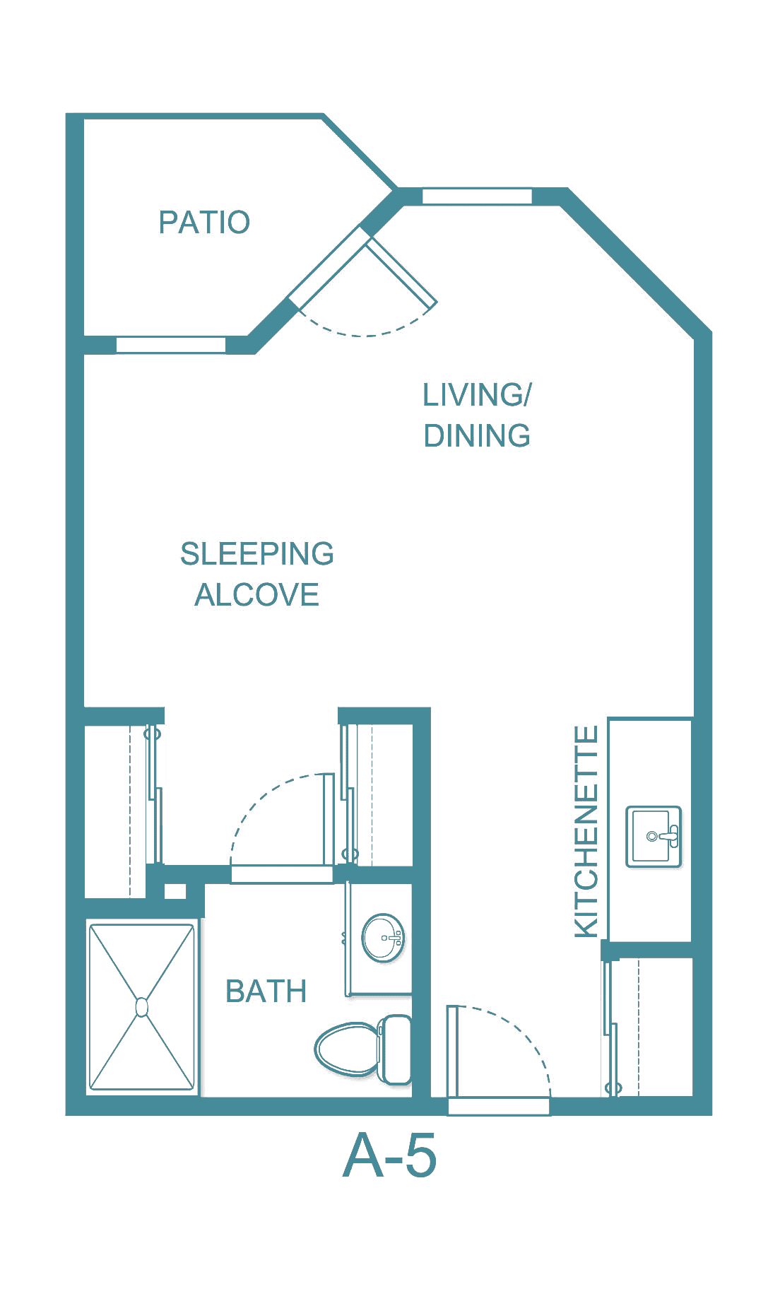 Floor plan of a studio apartment with a living/dining area, sleeping alcove, bathroom, and kitchenette.