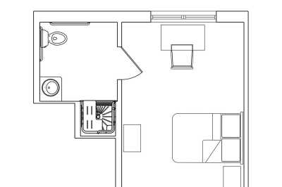 A detailed floor plan depicting a bathroom, hall, and living area layout.