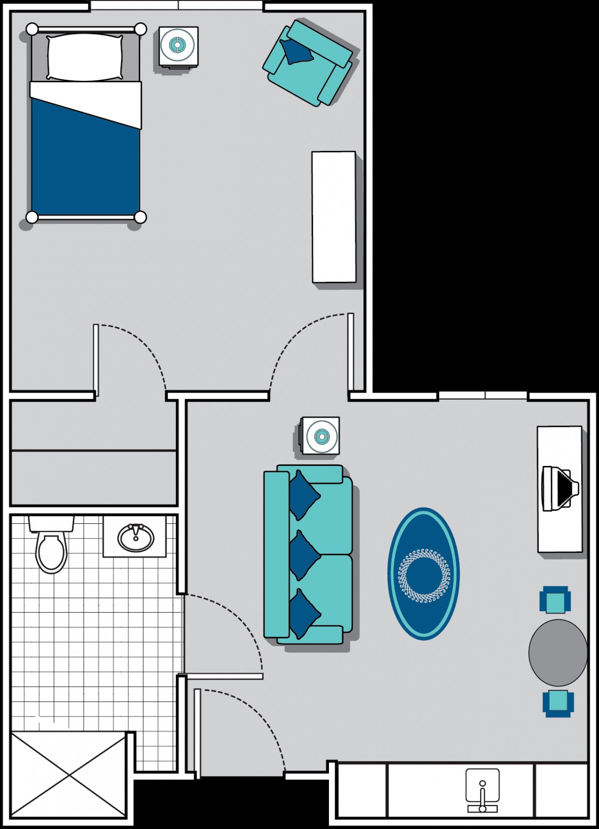 A simple floor plan of a one-bedroom apartment featuring a living room, bedroom, and bathroom.
