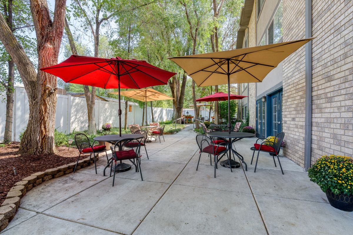 A peaceful outdoor patio with tables and chairs shaded by colorful umbrellas.