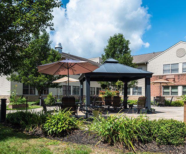 A serene outdoor patio area with a gazebo, surrounded by lush greenery and trees under a cloudy sky.